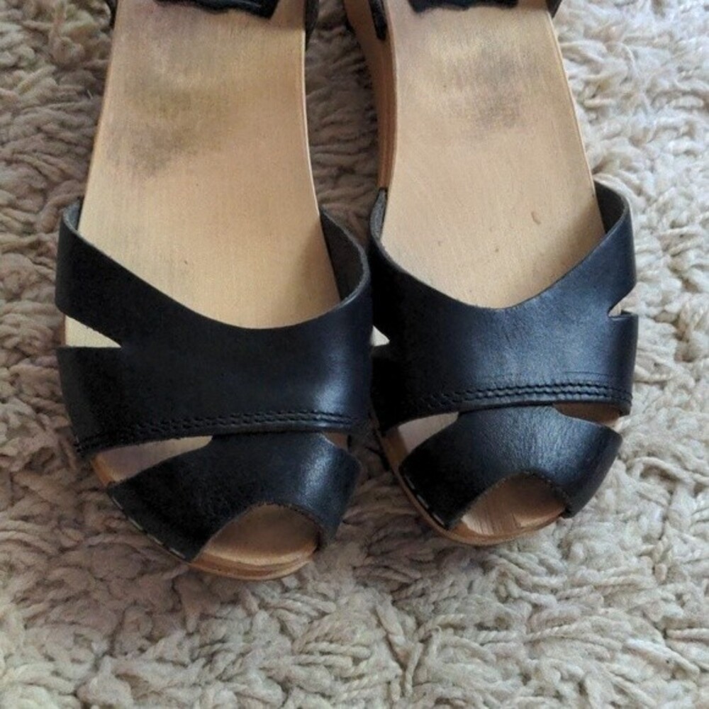 Swedish Hasbeens Black Leather Peep-Toe Slingback Cork Sandals - Picture 2 of 14